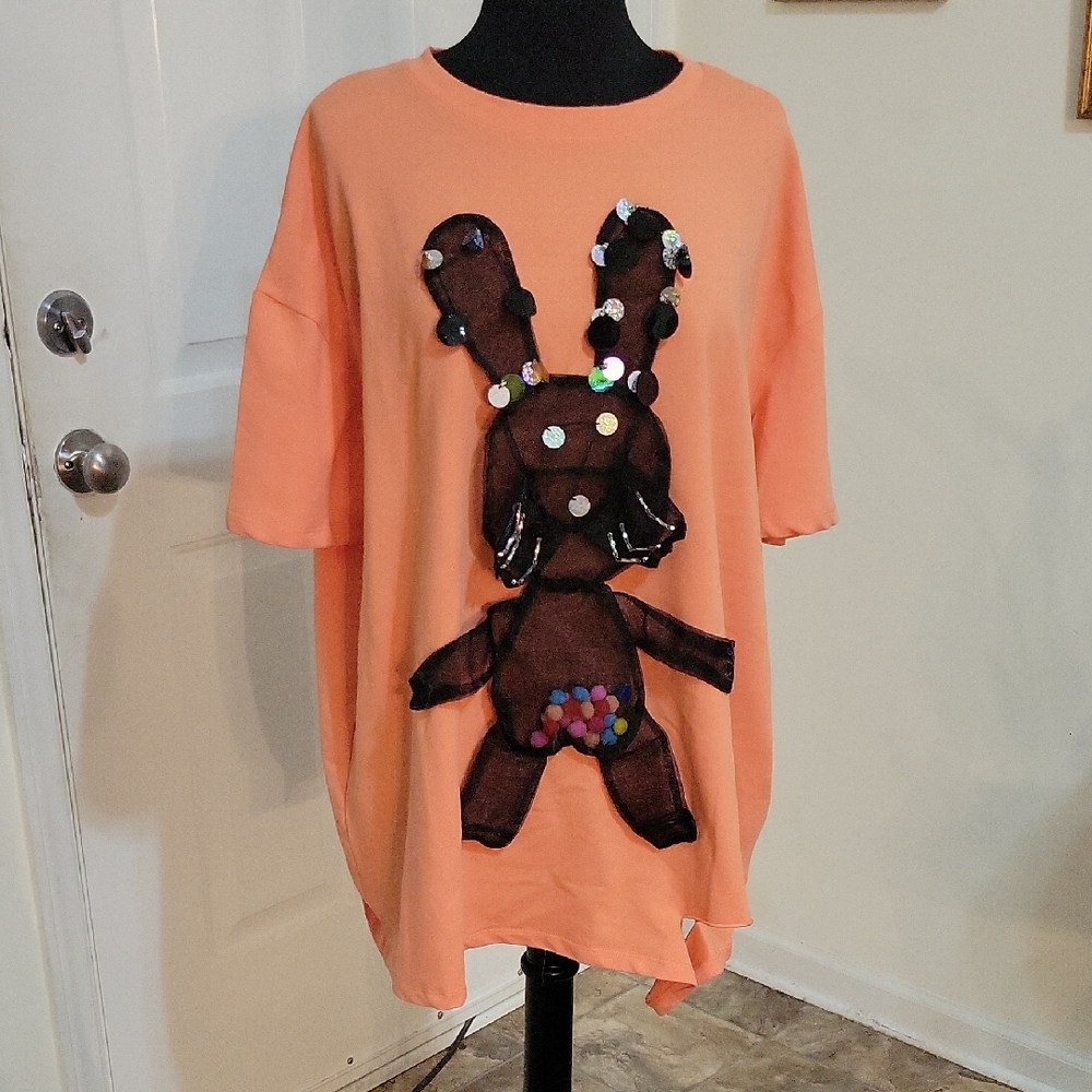 Orange Oversized T-Shirt with Sequin Bunny Design